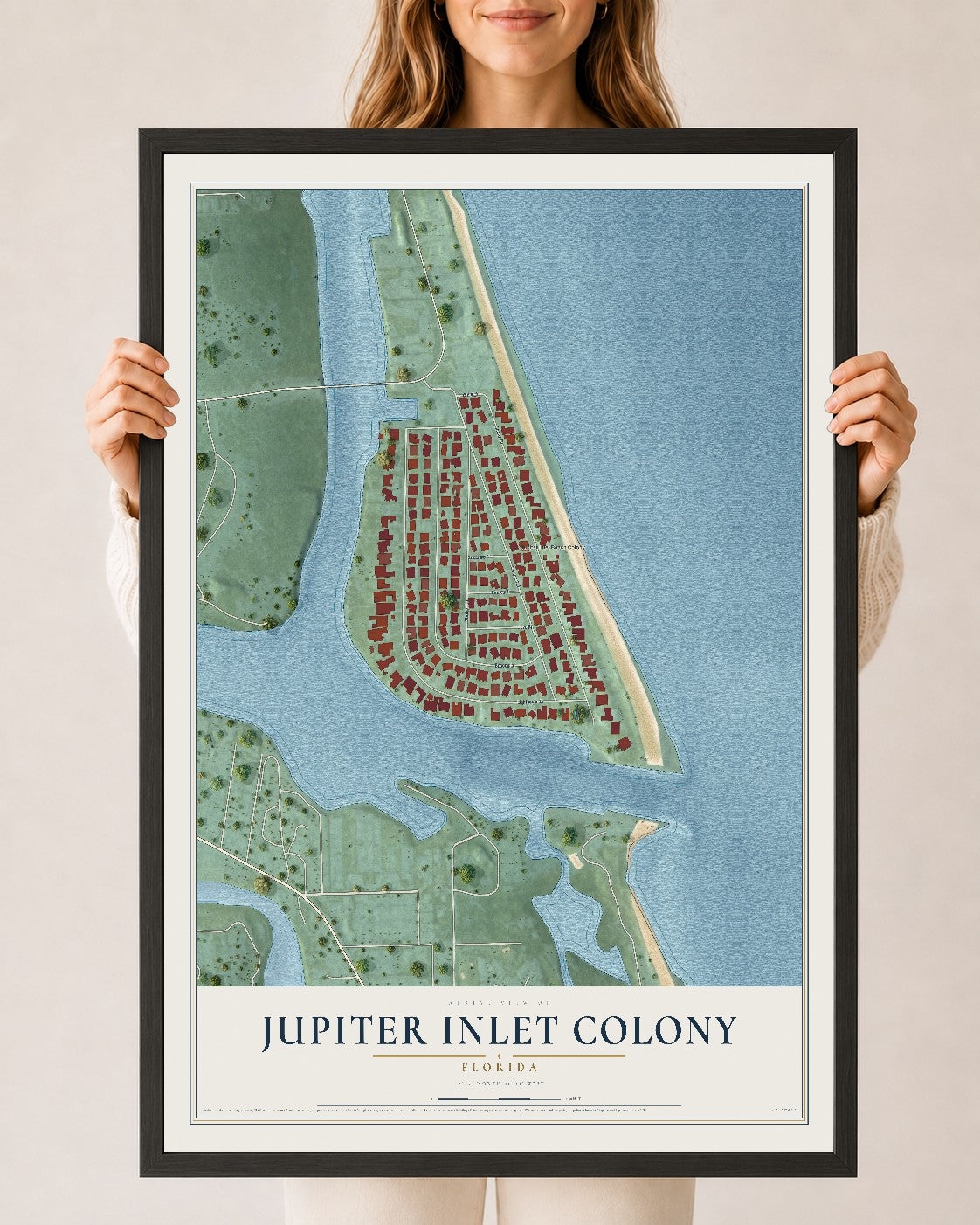 Jupiter Inlet Colony, Florida map print, 24" x 36" W/ Black Ayous Wood Frame mockup