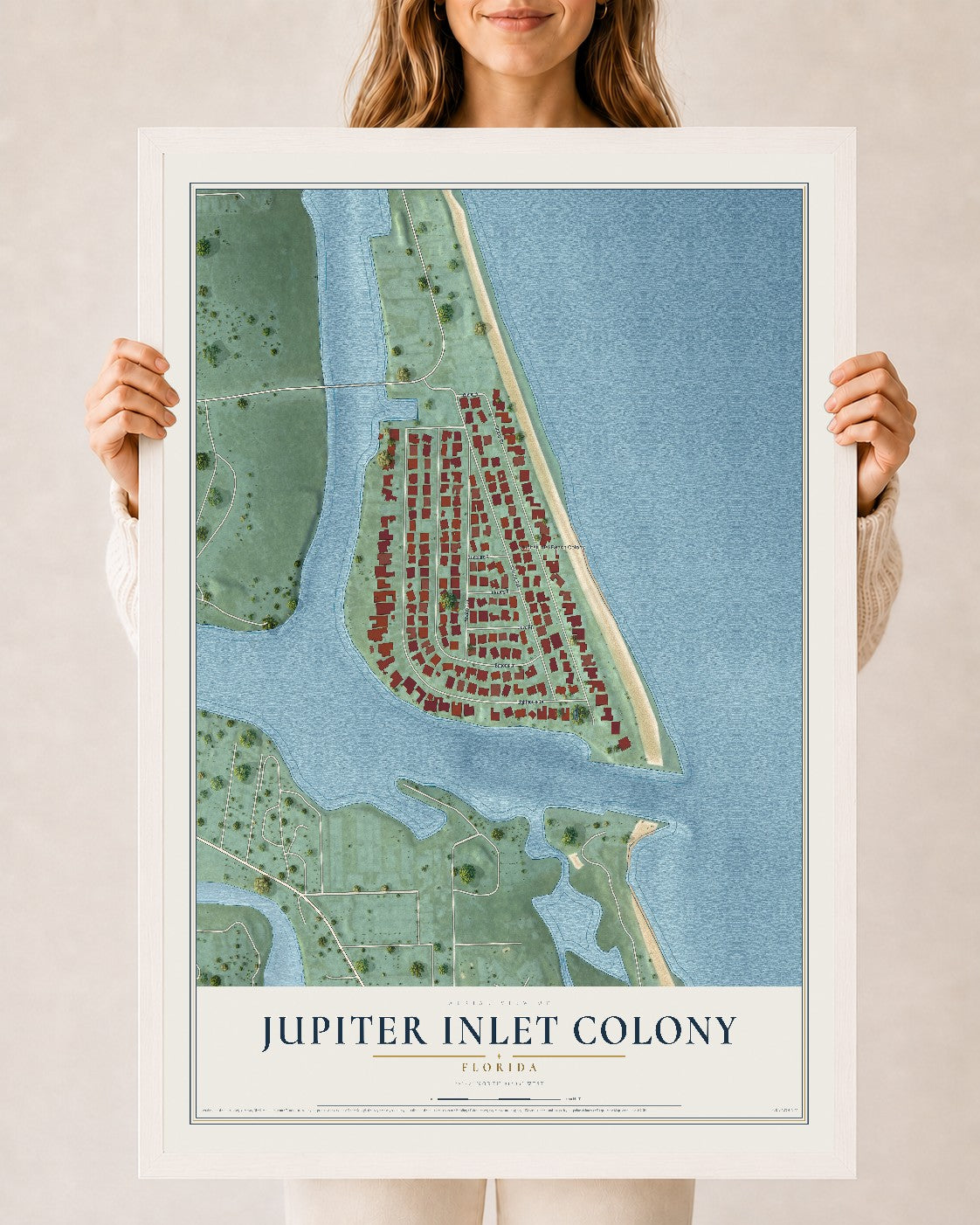 Jupiter Inlet Colony, Florida map print, 24" x 36" W/ White Ayous Wood Frame mockup