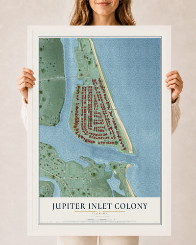 Jupiter Inlet Colony, Florida map print, 24" x 36" W/ White Ayous Wood Frame mockup