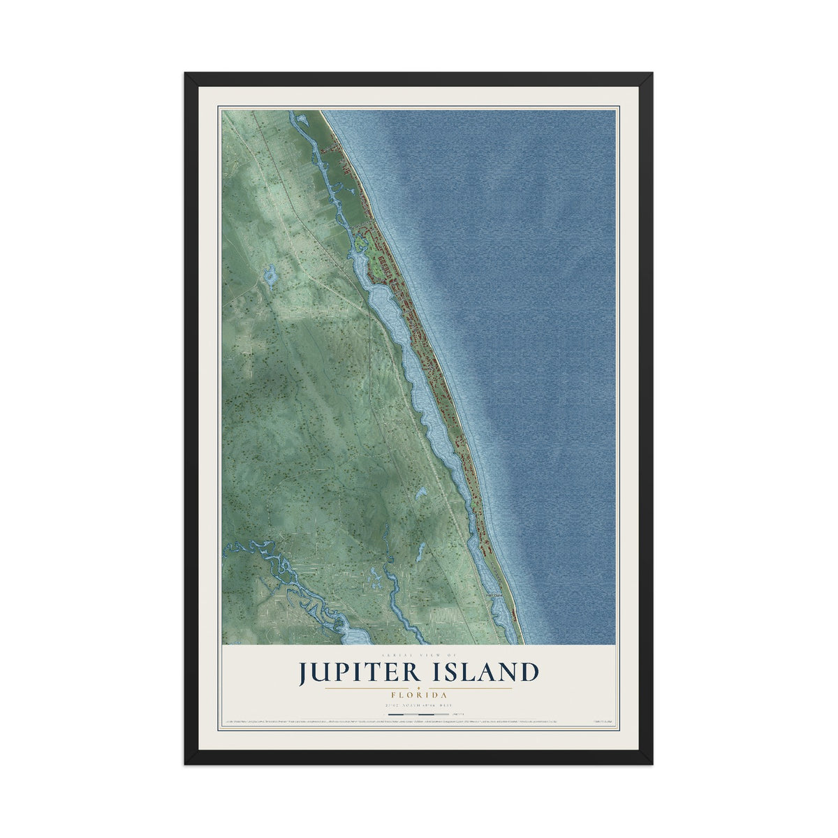 Jupiter Island, Florida map print, 12" x 18" W/ Black Ayous Wood Frame mockup