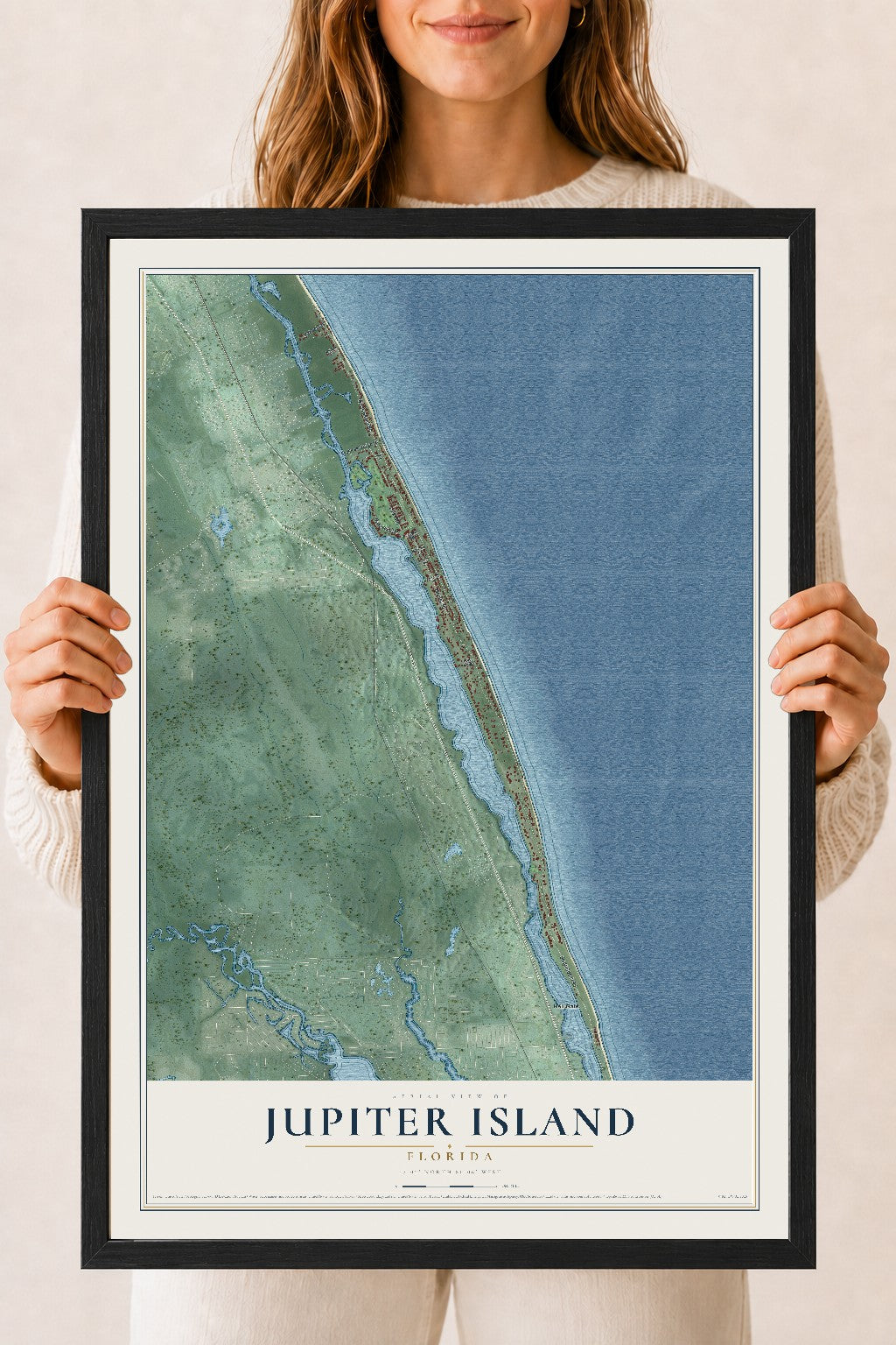 Jupiter Island, Florida map print, 18" x 24" W/ Black Ayous Wood Frame mockup