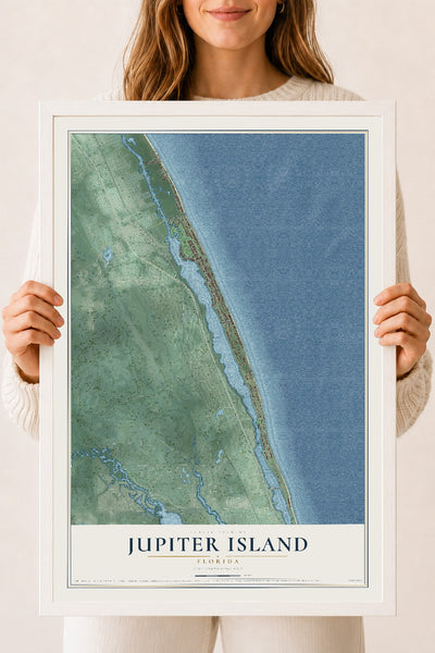 Jupiter Island, Florida map print, 18" x 24" W/ White Ayous Wood Frame mockup
