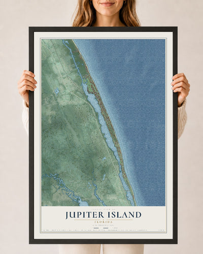 Jupiter Island, Florida map print, 24" x 36" W/ Black Ayous Wood Frame mockup