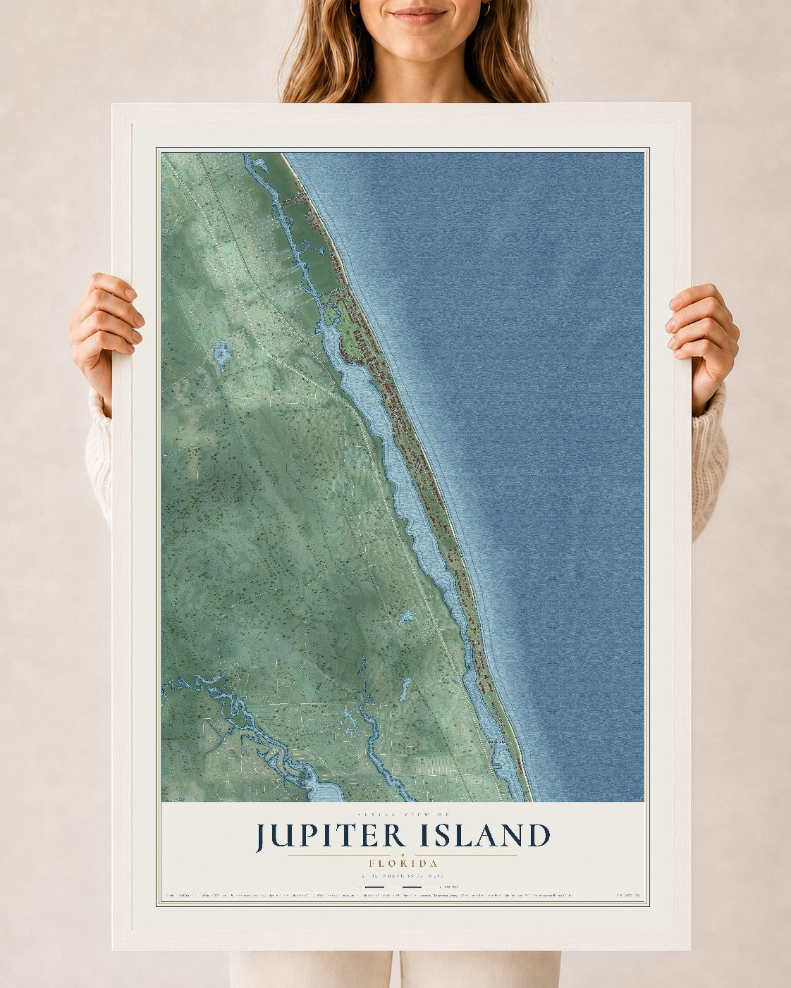 Jupiter Island, Florida map print, 24" x 36" W/ White Ayous Wood Frame mockup
