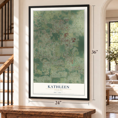 Kathleen, Florida map, 24 x 36 inch print in a black frame by a staircase