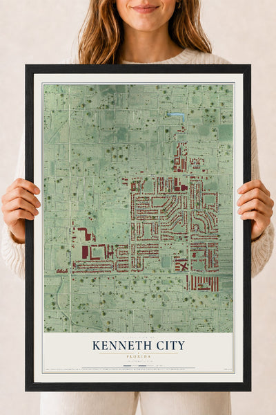 Kenneth City, Florida map print, 18" x 24" W/ Black Ayous Wood Frame mockup