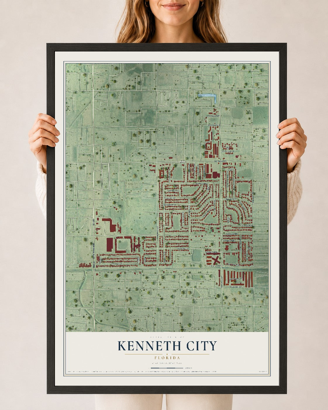 Kenneth City, Florida map print, 24" x 36" W/ Black Ayous Wood Frame mockup
