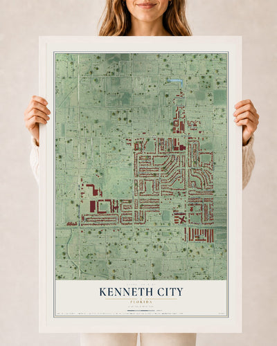 Kenneth City, Florida map print, 24" x 36" W/ White Ayous Wood Frame mockup