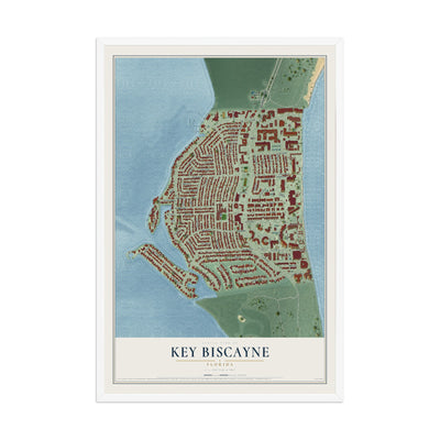 Key Biscayne, Florida map print, 12" x 18" W/ White Ayous Wood Frame mockup