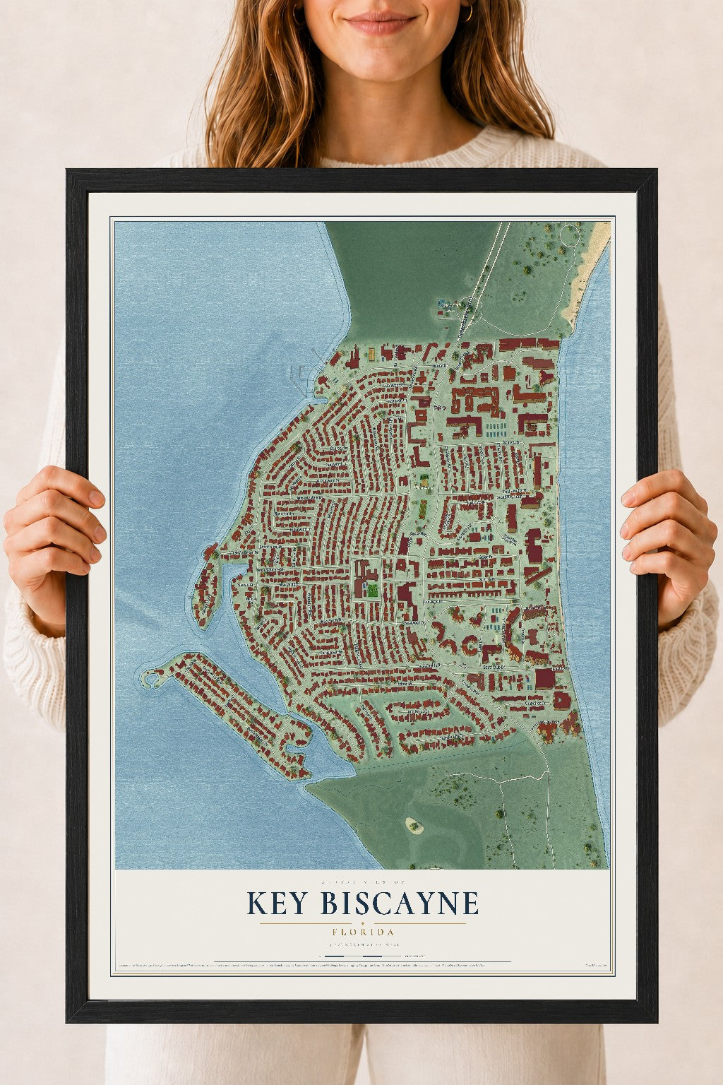 Key Biscayne, Florida map print, 18" x 24" W/ Black Ayous Wood Frame mockup