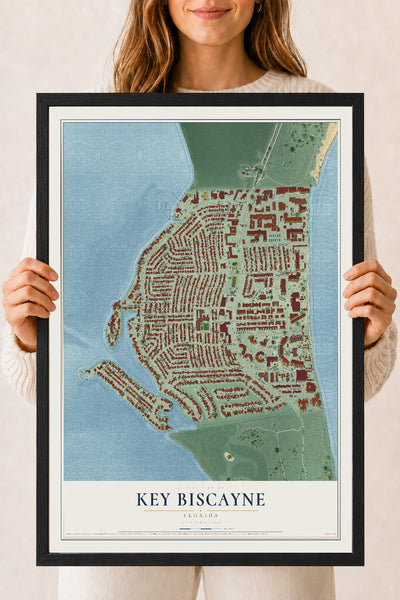 Key Biscayne, Florida map print, 18" x 24" W/ Black Ayous Wood Frame mockup
