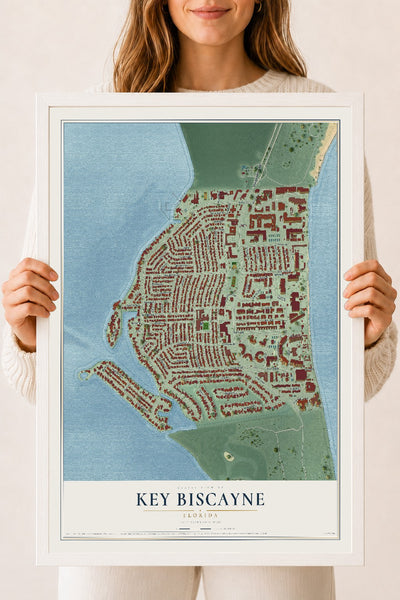 Key Biscayne, Florida map print, 18" x 24" W/ White Ayous Wood Frame mockup