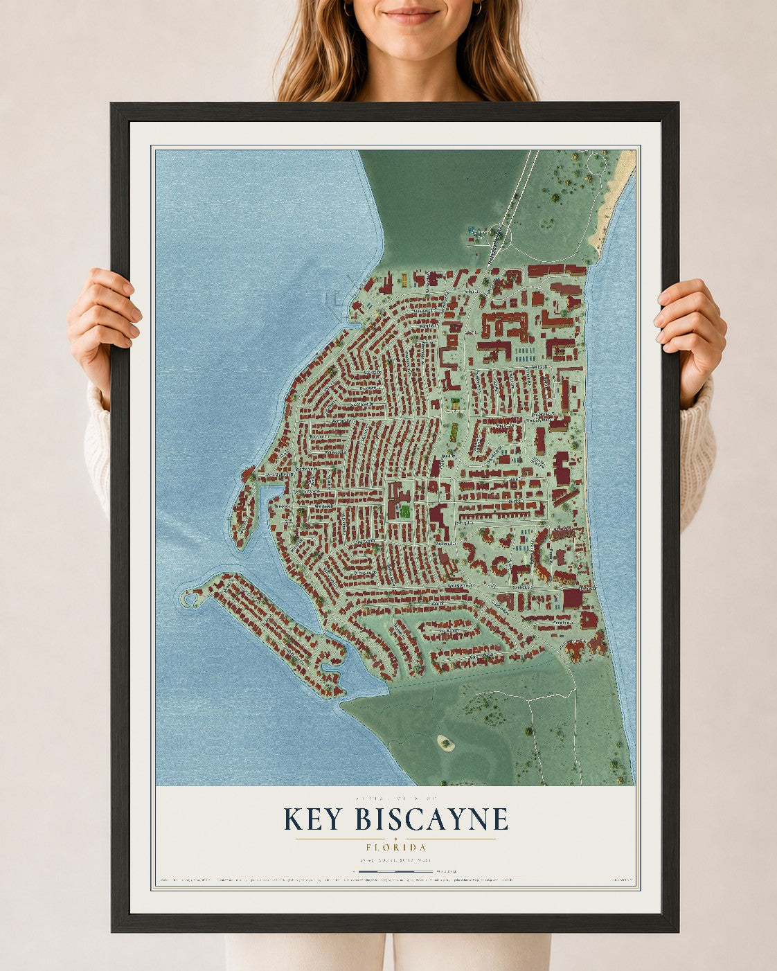 Key Biscayne, Florida map print, 24" x 36" W/ Black Ayous Wood Frame mockup