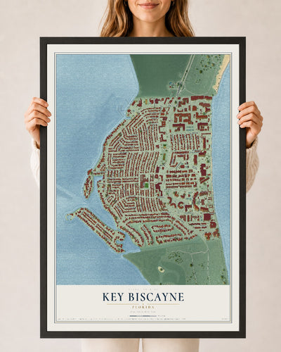 Key Biscayne, Florida map print, 24" x 36" W/ Black Ayous Wood Frame mockup