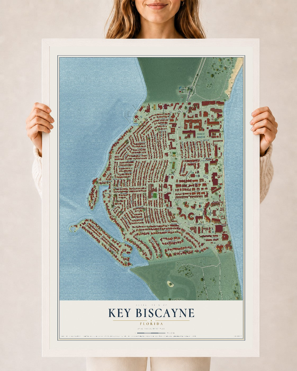 Key Biscayne, Florida map print, 24" x 36" W/ White Ayous Wood Frame mockup