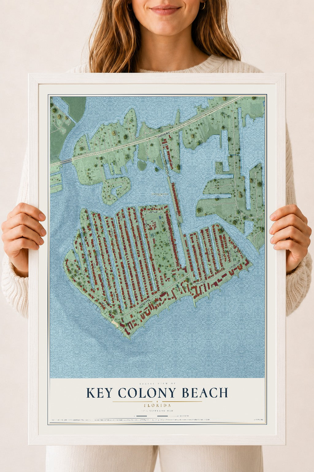 Key Colony Beach, Florida map print, 18" x 24" W/ White Ayous Wood Frame mockup