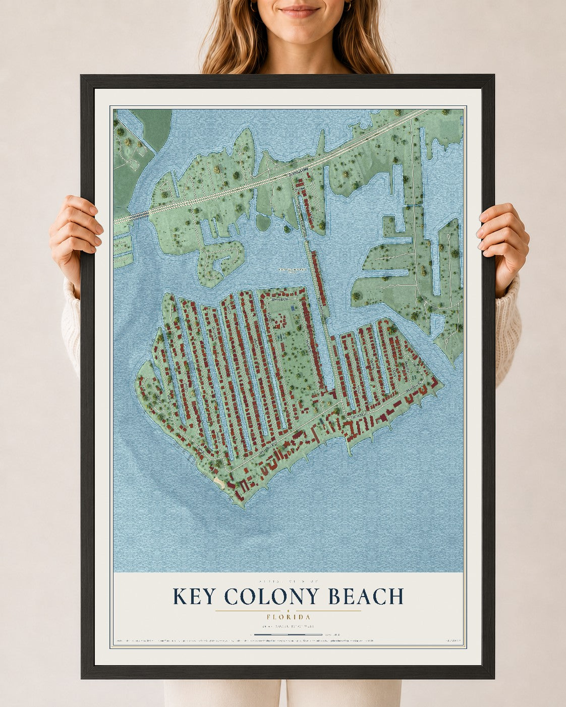 Key Colony Beach, Florida map print, 24" x 36" W/ Black Ayous Wood Frame mockup