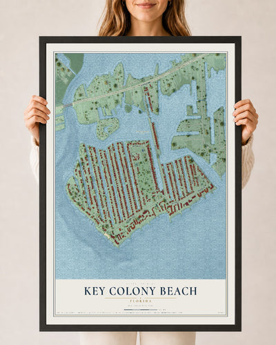 Key Colony Beach, Florida map print, 24" x 36" W/ Black Ayous Wood Frame mockup