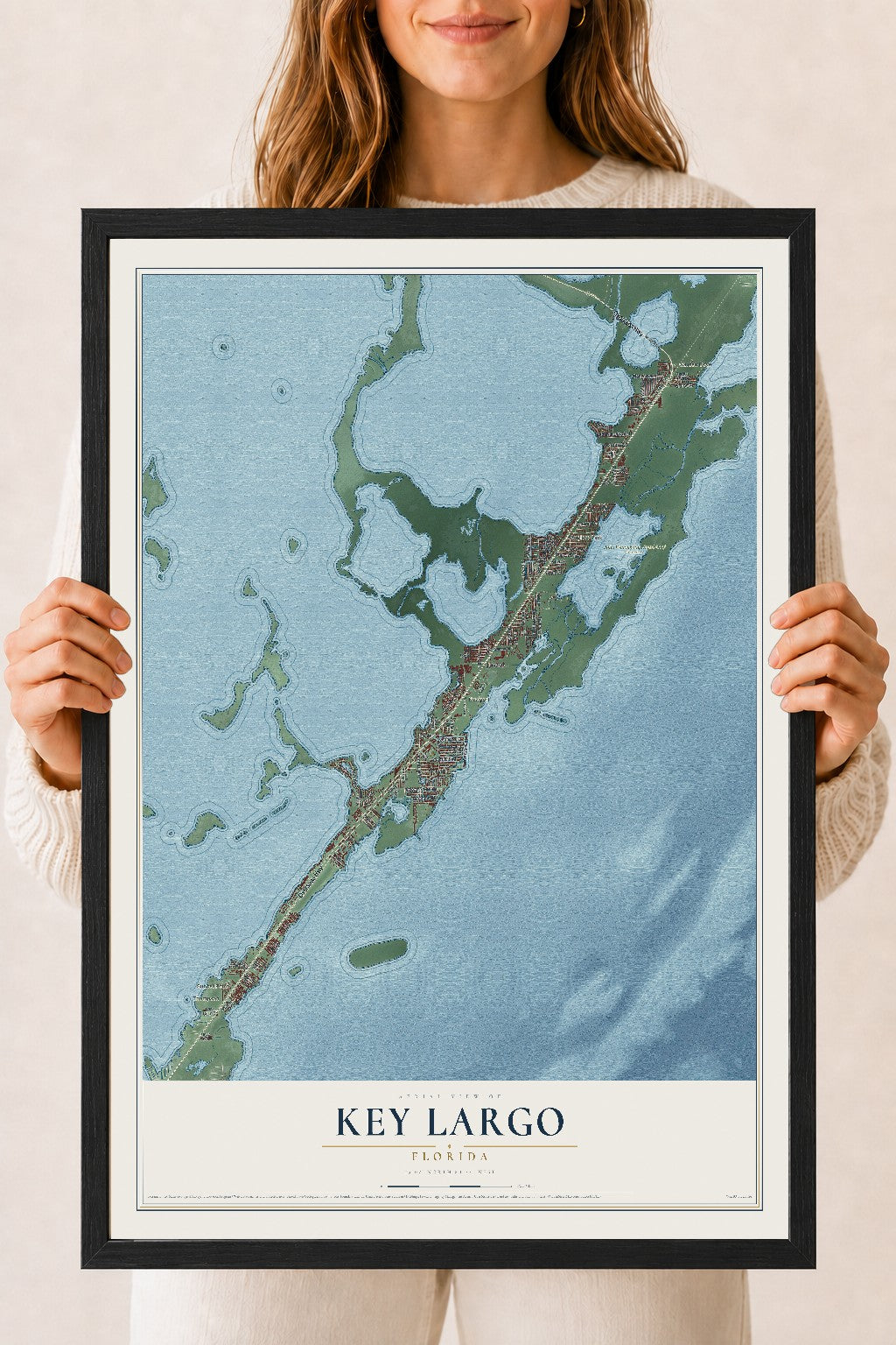 Key Largo, Florida map print, 18" x 24" W/ Black Ayous Wood Frame mockup