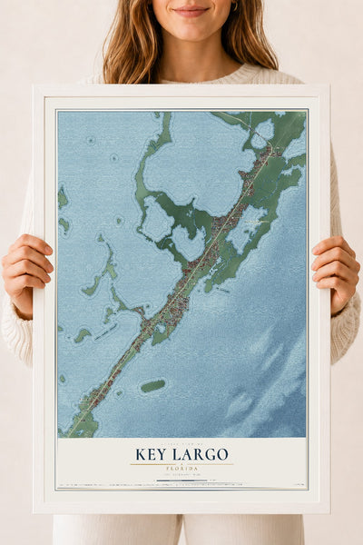 Key Largo, Florida map print, 18" x 24" W/ White Ayous Wood Frame mockup