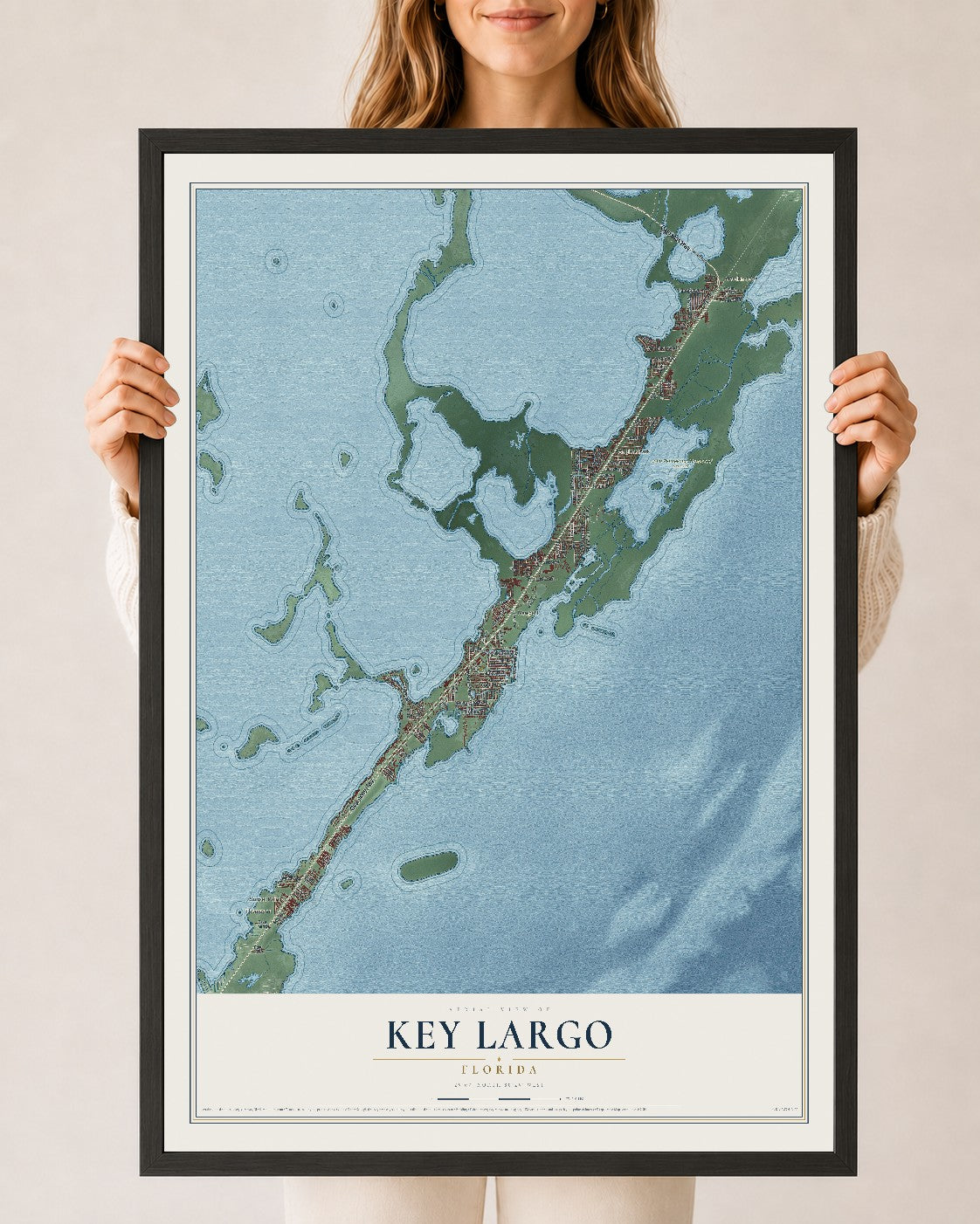 Key Largo, Florida map print, 24" x 36" W/ Black Ayous Wood Frame mockup