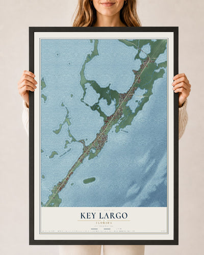 Key Largo, Florida map print, 24" x 36" W/ Black Ayous Wood Frame mockup