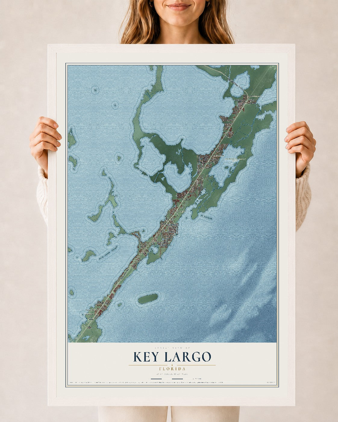 Key Largo, Florida map print, 24" x 36" W/ White Ayous Wood Frame mockup