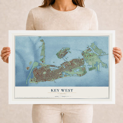 Key West, Florida map print, 12" x 18" W/ White Ayous Wood Frame mockup