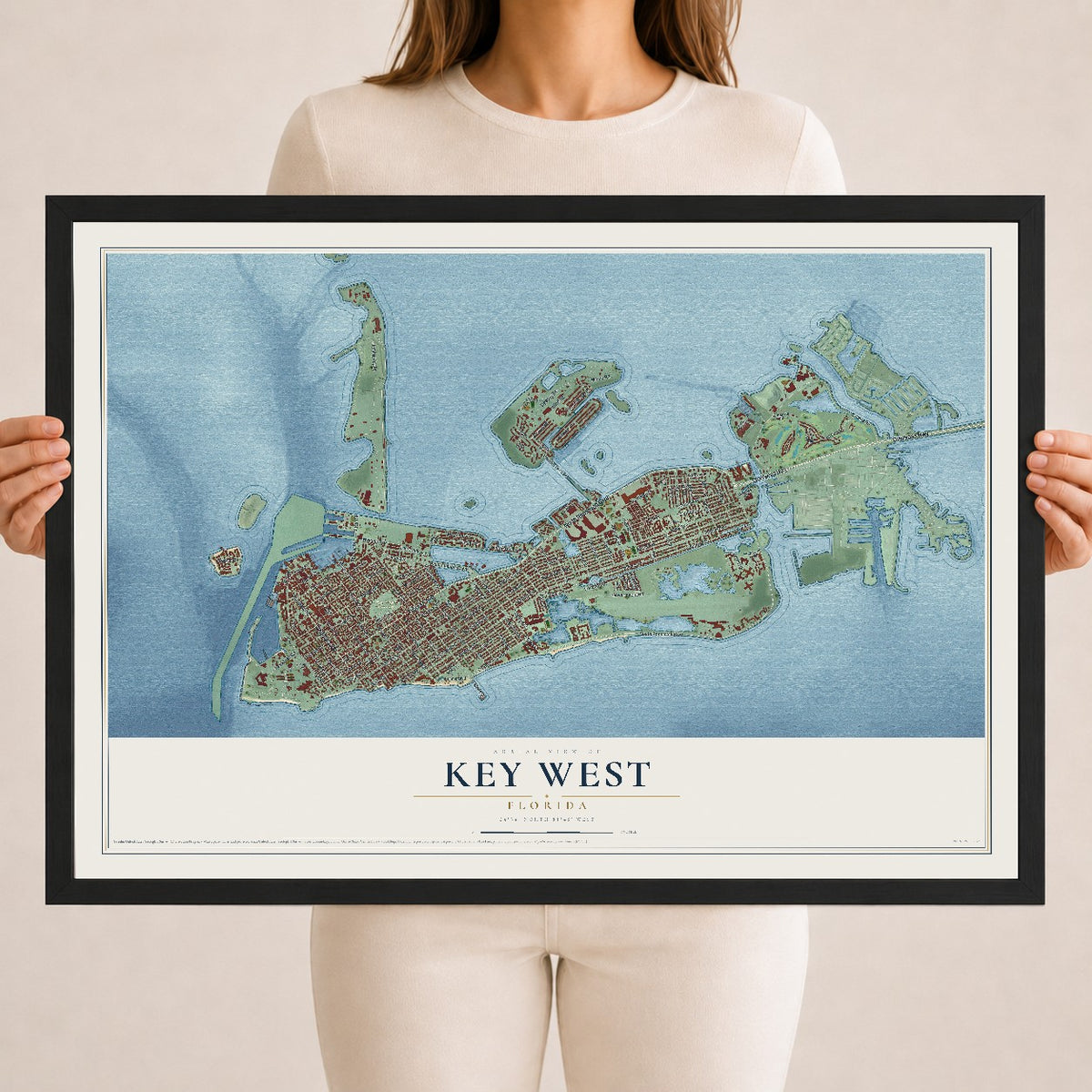 Key West, Florida map print, 18" x 24" W/ Black Ayous Wood Frame mockup