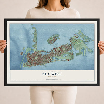 Key West, Florida map print, 18" x 24" W/ Black Ayous Wood Frame mockup