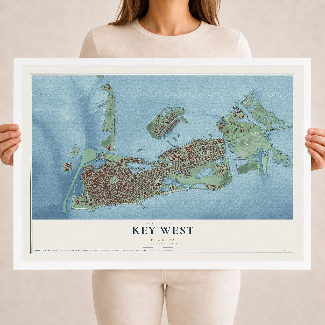 Key West, Florida map print, 18" x 24" W/ White Ayous Wood Frame mockup