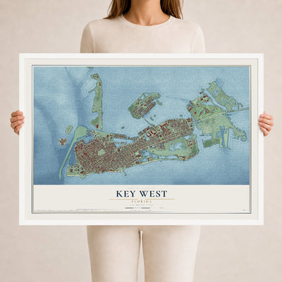 Key West, Florida map print, 24" x 36" W/ White Ayous Wood Frame mockup