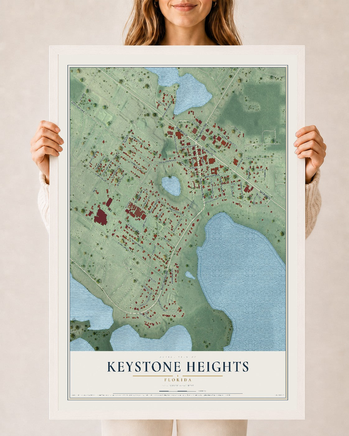 Keystone Heights, Florida map print, 24" x 36" W/ White Ayous Wood Frame mockup