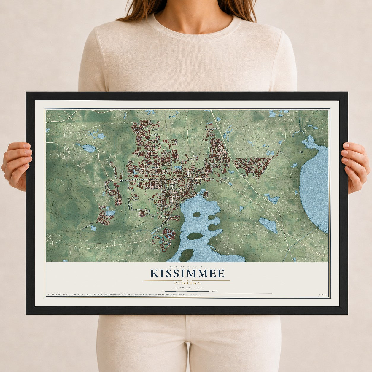 Kissimmee, Florida map print, 12" x 18" W/ Black Ayous Wood Frame mockup