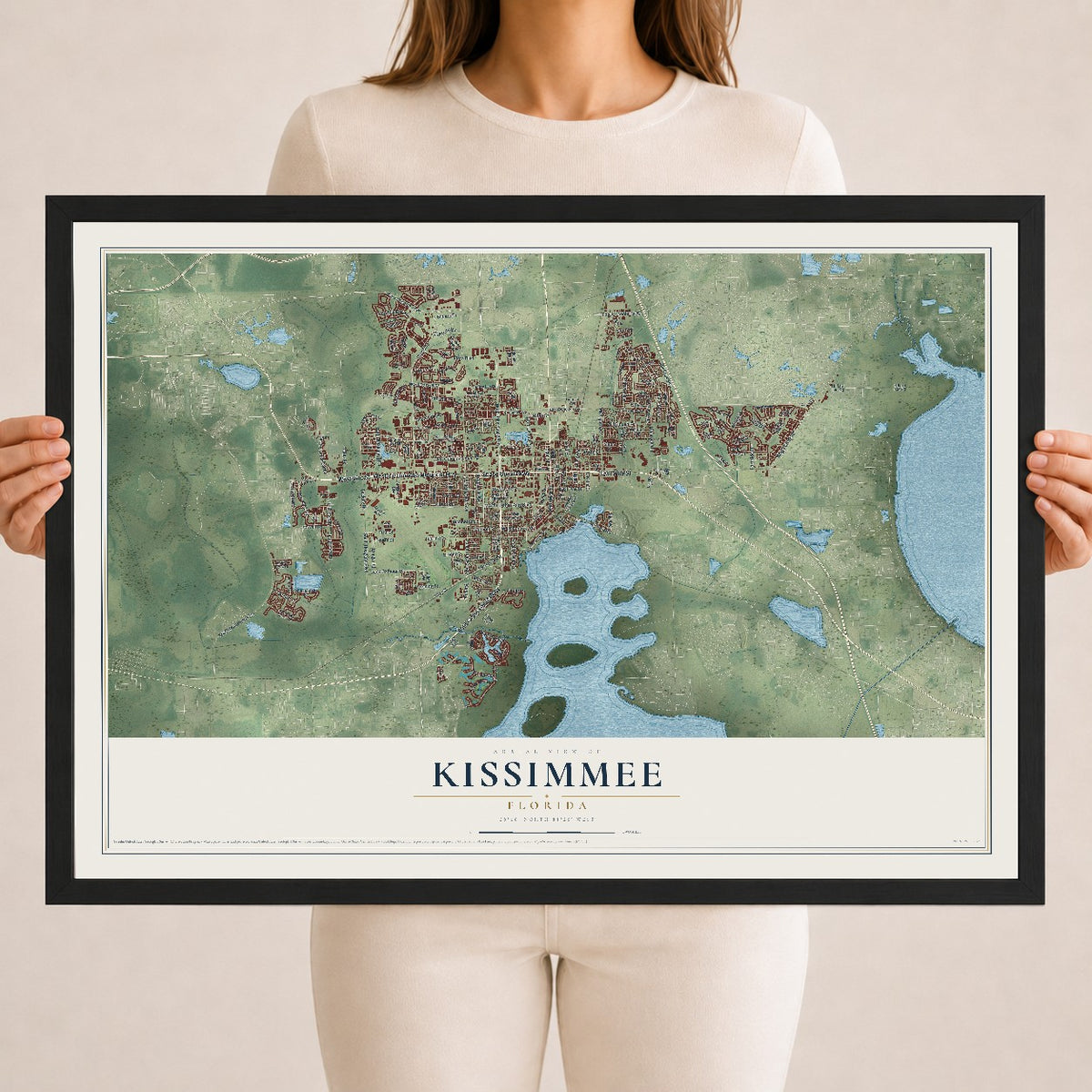 Kissimmee, Florida map print, 18" x 24" W/ Black Ayous Wood Frame mockup