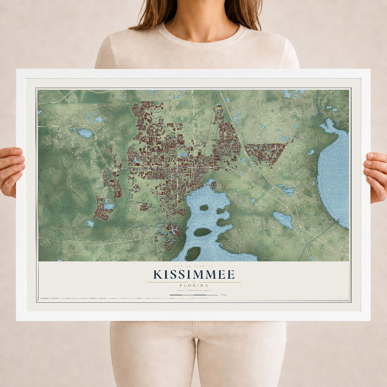 Kissimmee, Florida map print, 18" x 24" W/ White Ayous Wood Frame mockup