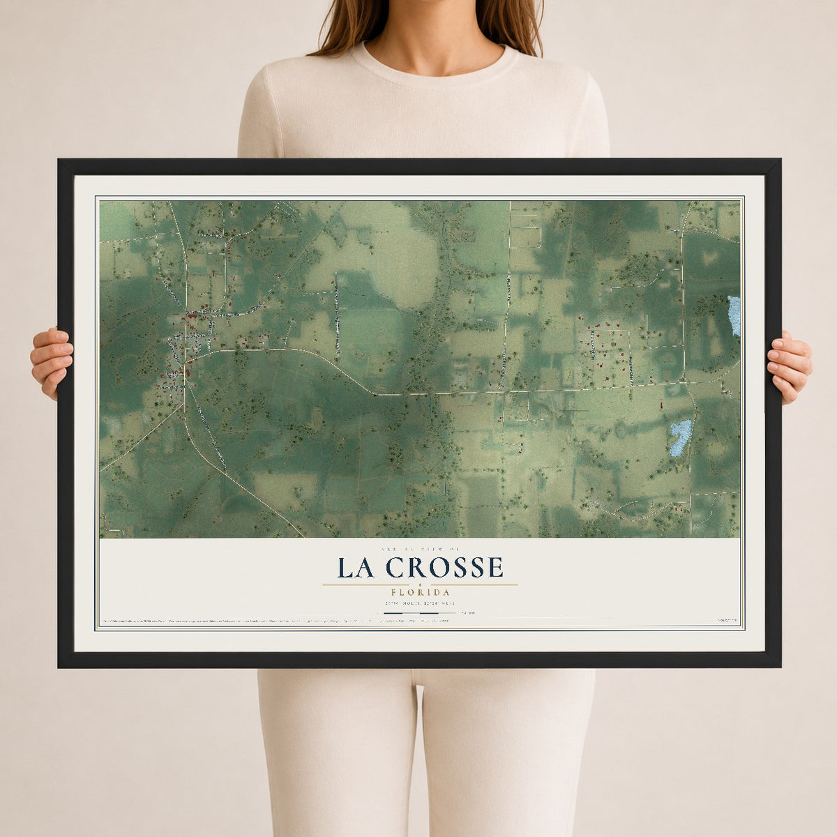La Crosse, Florida map print, 24" x 36" W/ Black Ayous Wood Frame mockup