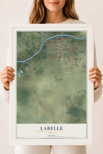 LaBelle, Florida map print, 18" x 24" W/ White Ayous Wood Frame mockup
