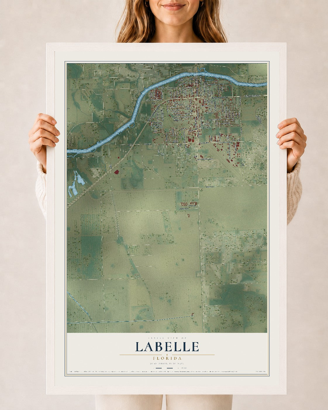 LaBelle, Florida map print, 24" x 36" W/ White Ayous Wood Frame mockup