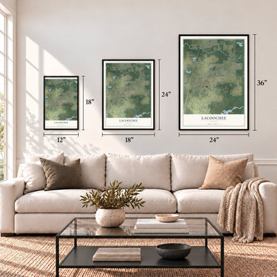 Lacoochee, Florida map in 12 x 18, 18 x 24 and 24 x 36 inch sizes above a sofa