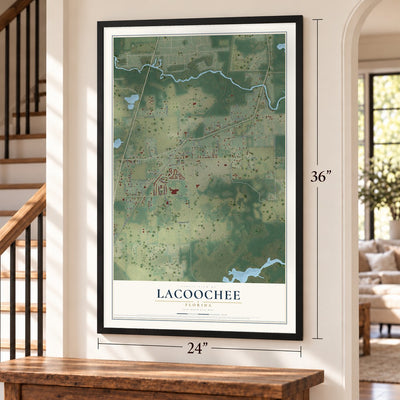 Lacoochee, Florida map, 24 x 36 inch print in a black frame by a staircase