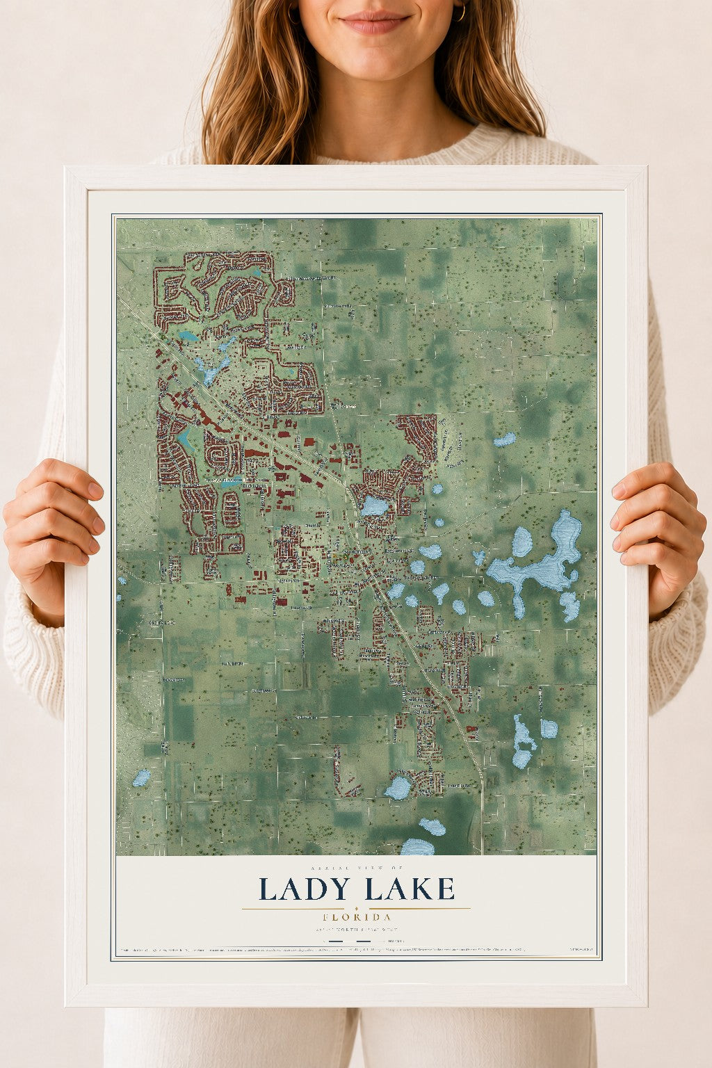 Lady Lake, Florida map print, 18" x 24" W/ White Ayous Wood Frame mockup