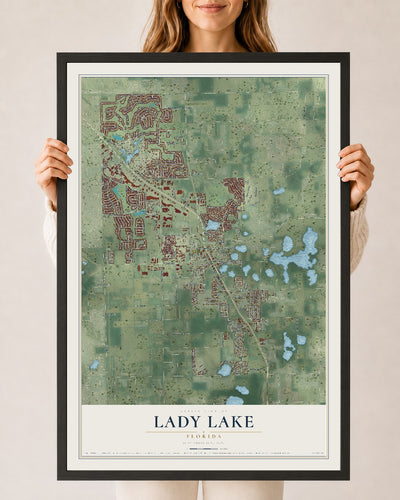 Lady Lake, Florida map print, 24" x 36" W/ Black Ayous Wood Frame mockup