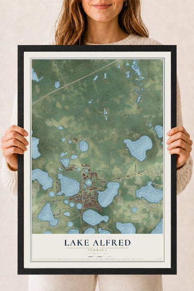Lake Alfred, Florida map print, 18" x 24" W/ Black Ayous Wood Frame mockup