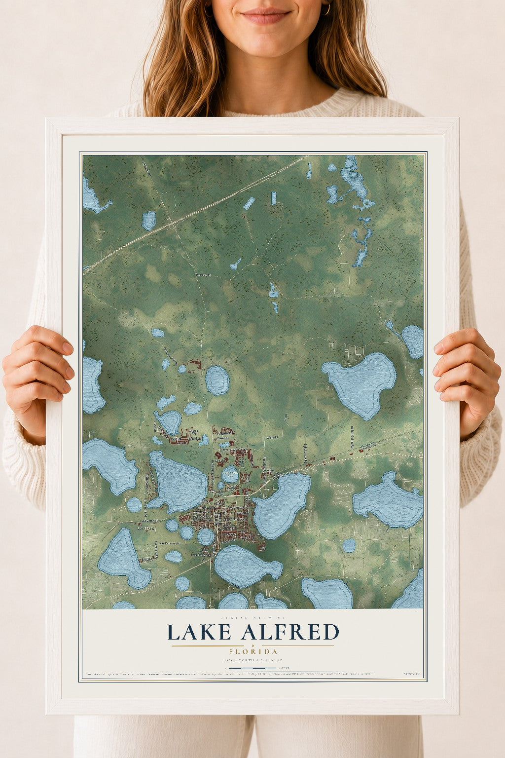 Lake Alfred, Florida map print, 18" x 24" W/ White Ayous Wood Frame mockup