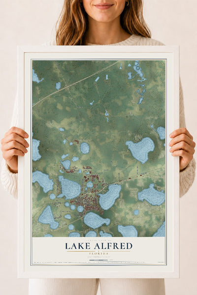 Lake Alfred, Florida map print, 18" x 24" W/ White Ayous Wood Frame mockup