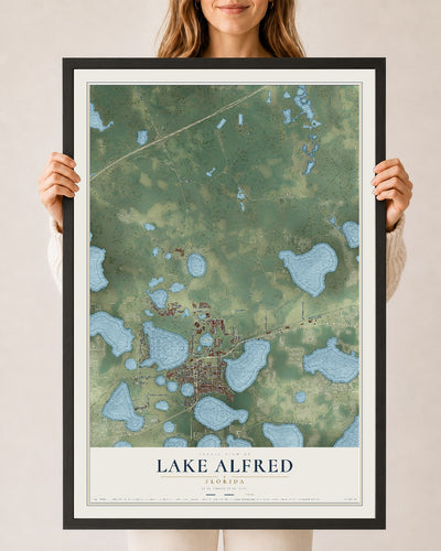 Lake Alfred, Florida map print, 24" x 36" W/ Black Ayous Wood Frame mockup