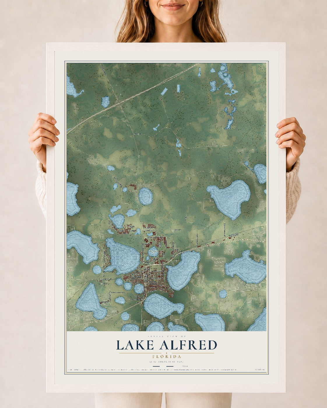 Lake Alfred, Florida map print, 24" x 36" W/ White Ayous Wood Frame mockup