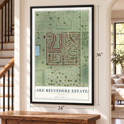 Lake Belvedere Estates, Florida map, 24 x 36 inch print in a black frame by a staircase