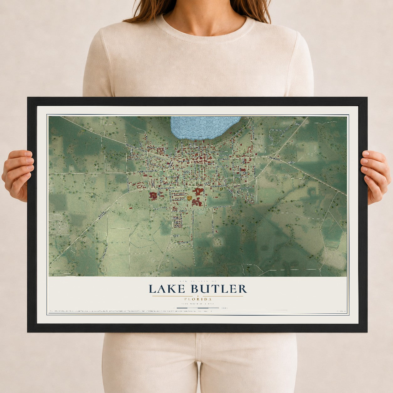 Lake Butler, Florida map print, 12" x 18" W/ Black Ayous Wood Frame mockup